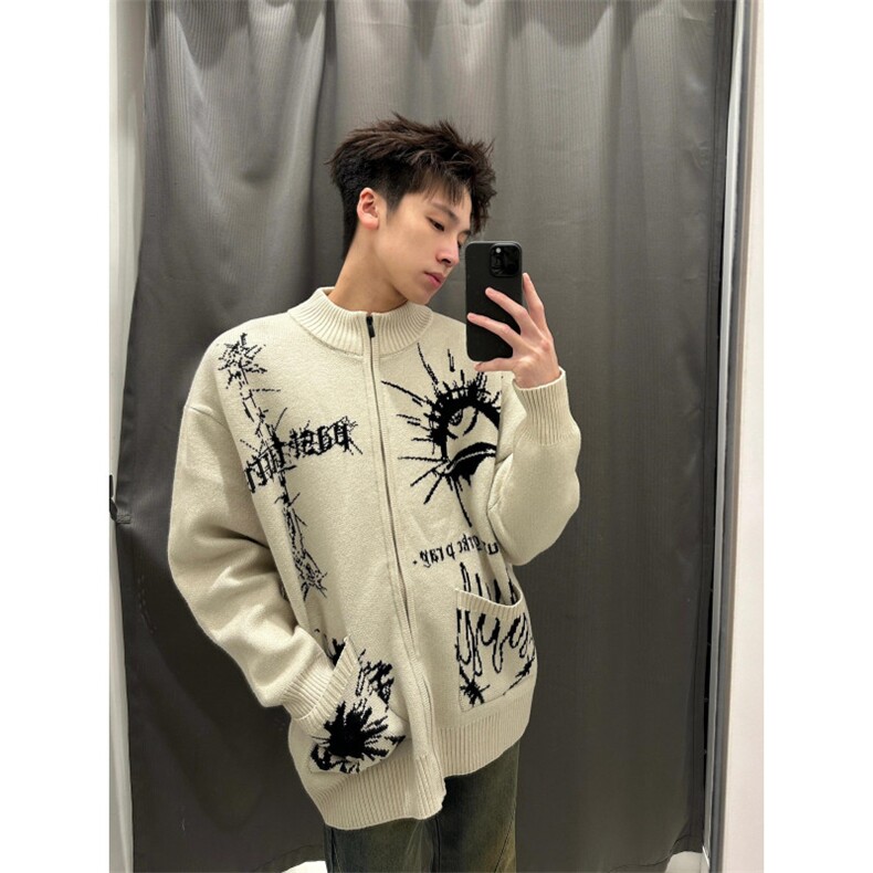 【有货】手稿印花开衫毛衣男宽松慵懒风针织衫外套MY133CC-P65图片