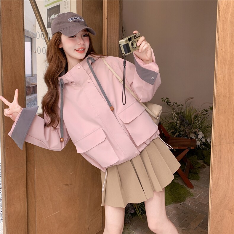 粉色拼色连帽工装外套女2025秋季新款奶甜系休闲小个子短款上衣潮图片