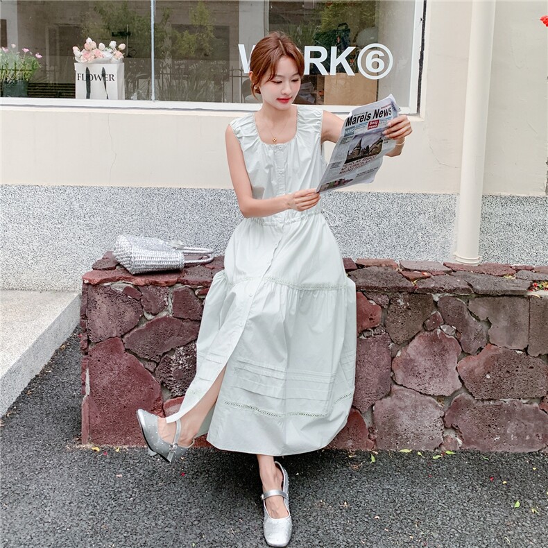 小清新2025独特超好看裙子女夏季新款韩系简单大方收腰无袖连衣裙,女装连衣裙,2C206