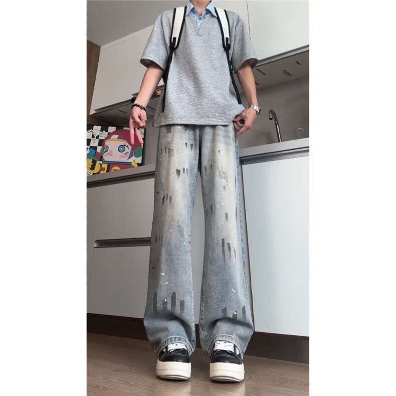 潮牌泼墨牛仔裤男女美式高街休闲长裤宽松直筒裤子K7071-P47网图图片