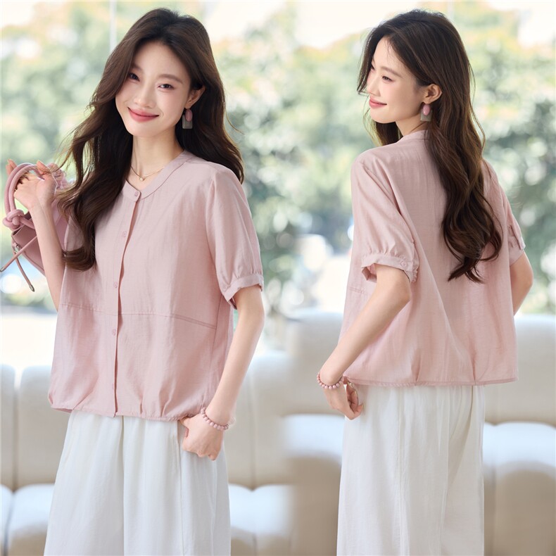 天丝短袖衬衫女夏季2025年新款妈妈休闲时尚减龄气质圆领小衫上衣，女装衬衫，木子恋