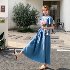 蓝色复古连衣裙女2025年夏季新款韩版设计感气质时尚显瘦A字长裙，女装连衣裙，2C206