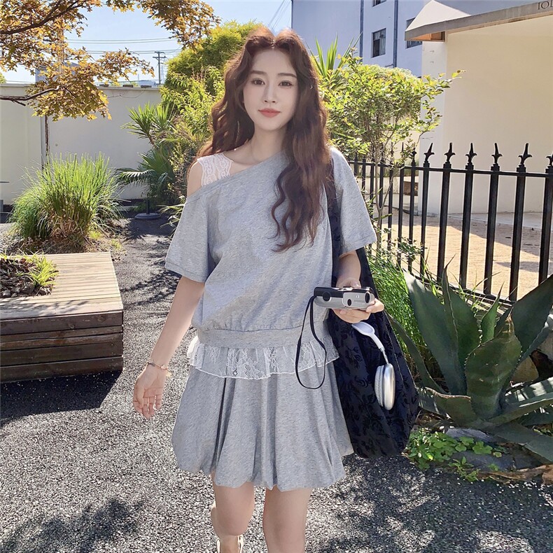 时尚浅灰色减龄日系套装女2025夏季蕾丝露肩上衣花苞半身裙两件套,女装套装/套裙,浙宝217