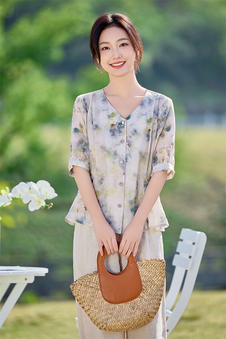 2026年夏季女短袖薄苎麻文艺风,女装衬衫,江南依恋