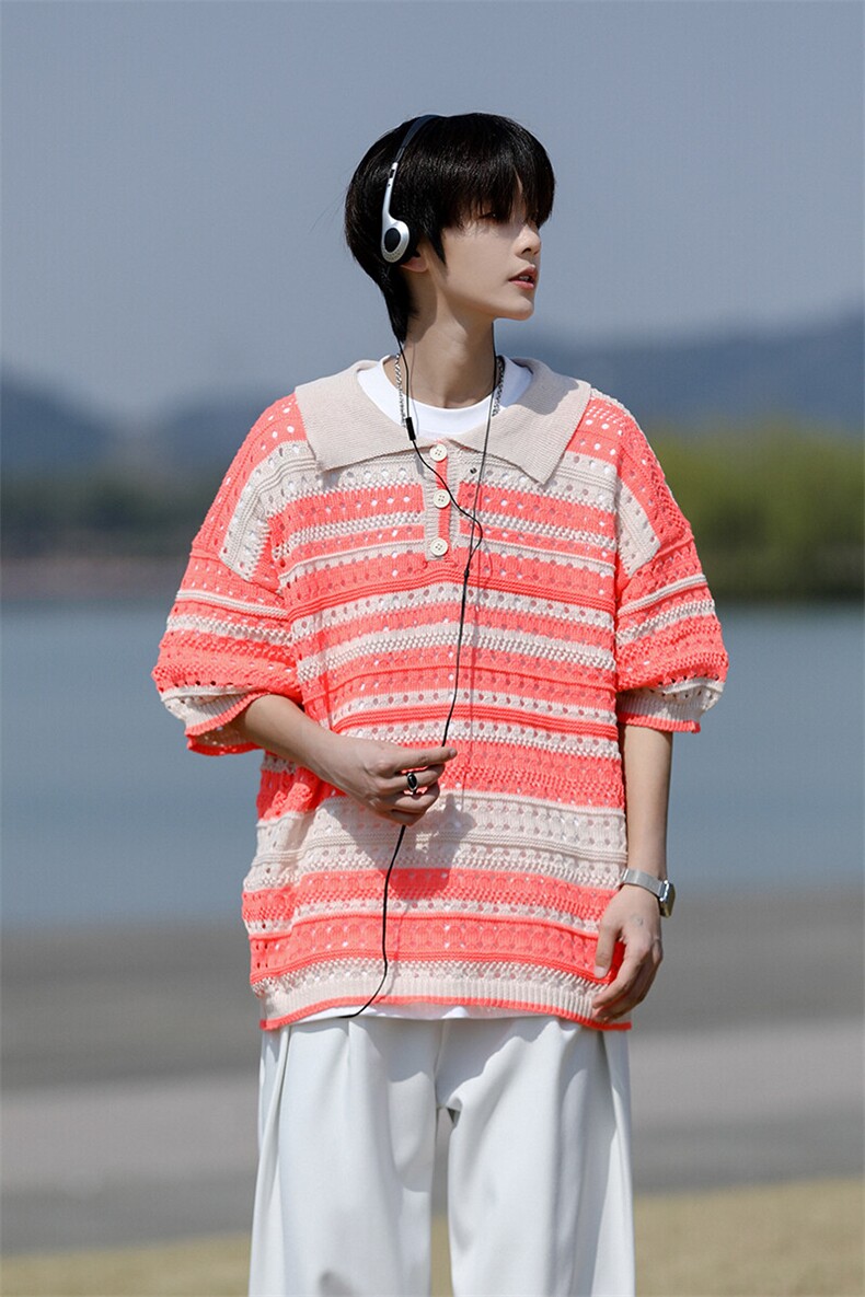 8XL-M特大码美式复古条纹撞色针织POLO衫翻领休闲短袖TDX311P35,男装T恤,电商D206-1