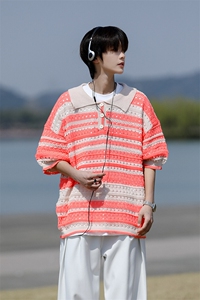 8XL-M 特大码美式复古条纹撞色针织POLO衫翻领休闲短袖TDX311P35图片