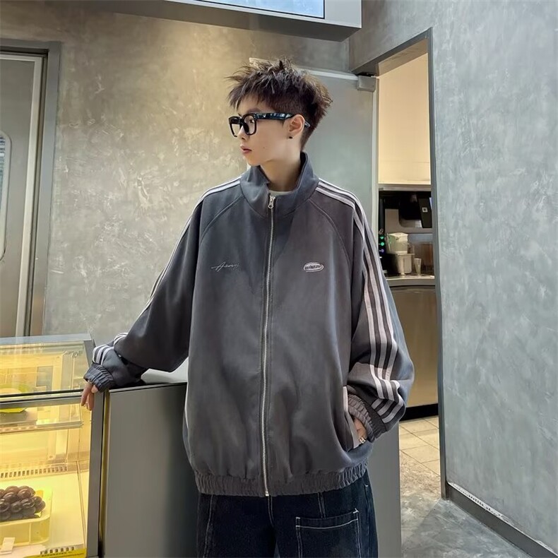 美式vibe运动三条杠夹克男秋季宽松休闲潮牌痞帅开衫外LAR522-P55,男装夹克,星座1008