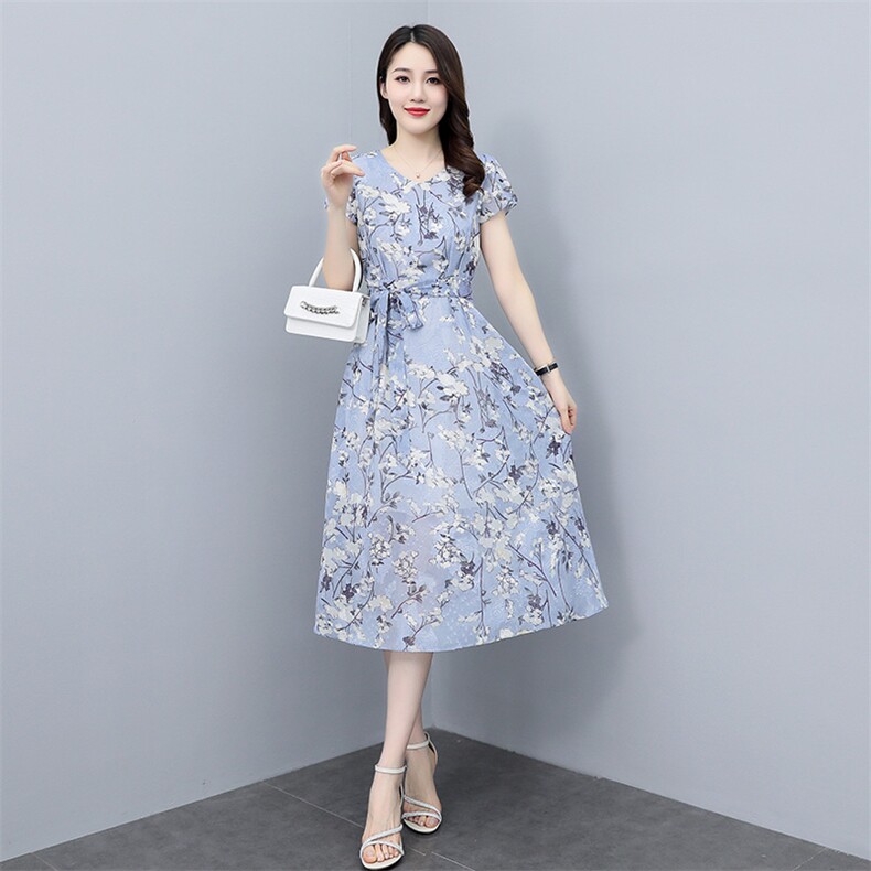 时尚印花雪纺连衣裙女短袖2023夏新款高级感有女人味过膝长裙显瘦,女装连衣裙,牡丹诺