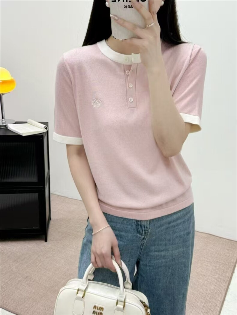 2025新款女夏季洋气短袖气质显瘦t恤衫撞色针织衫时尚圆领薄上衣,女装T恤,艾米娇羊绒