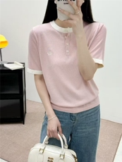 2025新款女夏季洋气短袖气质显瘦t恤衫撞色针织衫时尚圆领薄上衣，女装T恤，艾米娇羊绒