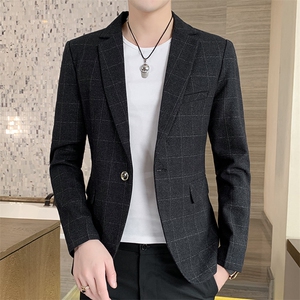 春季新款纯色西装中年男士外套宽松潮流商务休闲简约格子男装西服图片