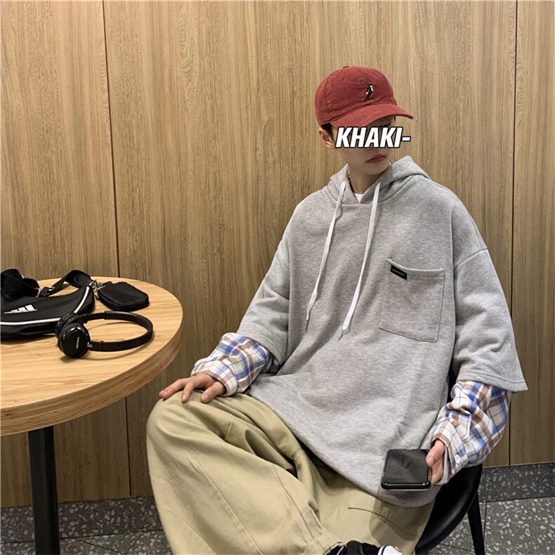 港风秋款男卫衣假两件圆领格子连帽套头贴标卫衣休闲外套wy10P45,男装卫衣,星座1013-1