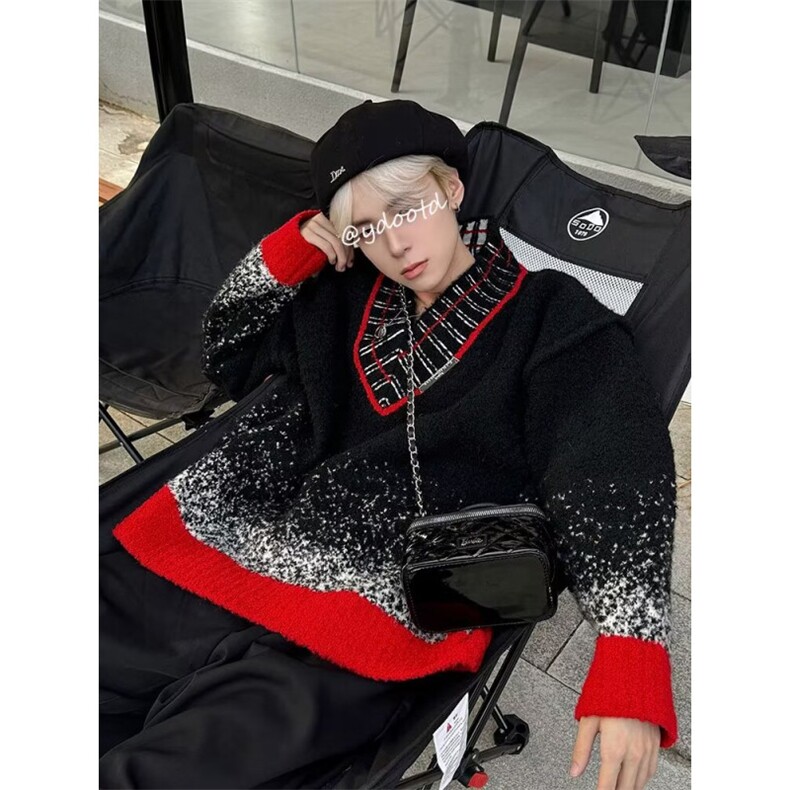 圣诞新款风渐变拼色星空红毛衣针织衫时尚V领个性线衫V12-P60网图，男装针织衫/毛衣，电商B245