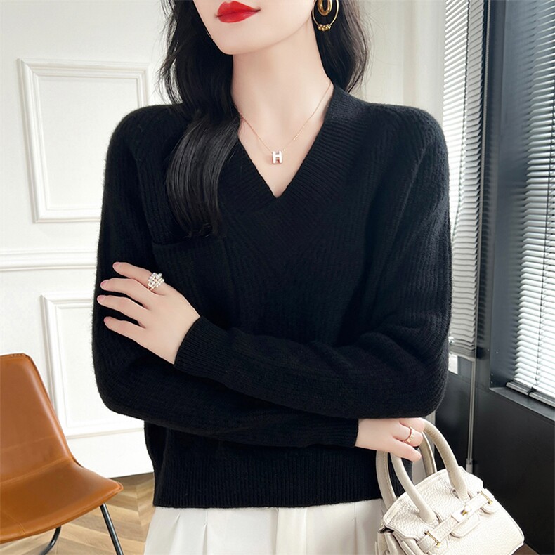 女V领羊毛衫2024秋冬新款宽松长袖短款针织衫，女装羊毛衫，蒙特羊绒