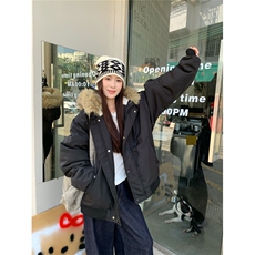 kumikumi设计感毛领连帽棉服外套女秋冬保暖宽松中长款面包服棉衣，女装棉衣/棉服，星座1210-1