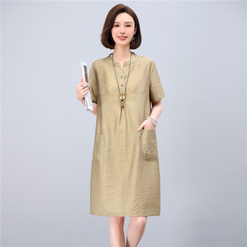 亚麻连衣裙女宽松收腰遮肚子气质立领薄款天丝棉麻中长款减龄裙子,女装连衣裙,涵誉