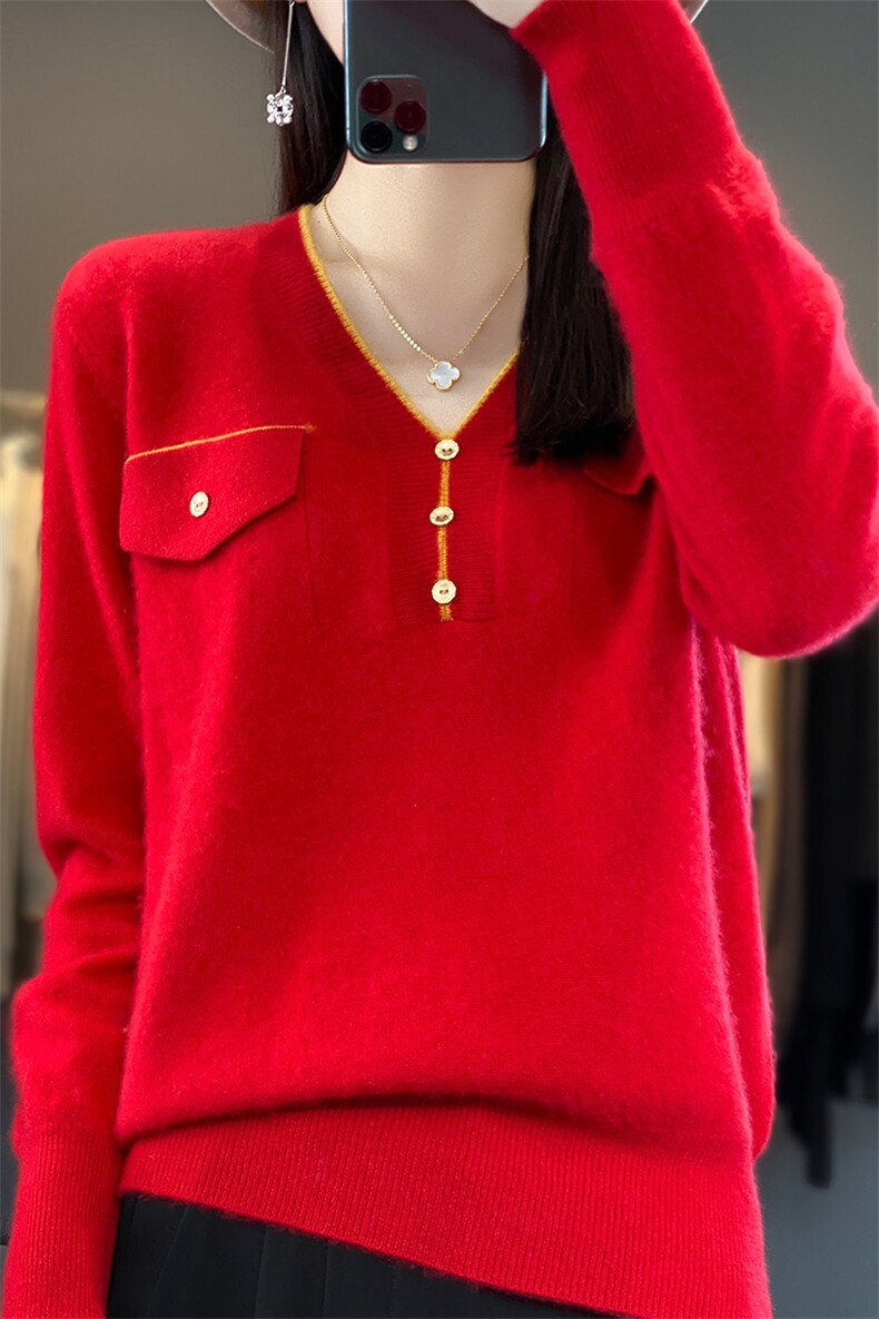 V领羊毛衫女2024年新款秋季薄款套头毛衣宽松外穿慵懒风,女装羊毛衫,蒙特羊绒