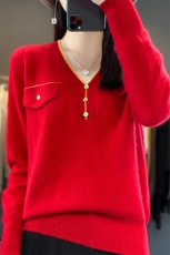 V领羊毛衫女2024年新款秋季薄款套头毛衣宽松外穿慵懒风，女装羊毛衫，蒙特羊绒