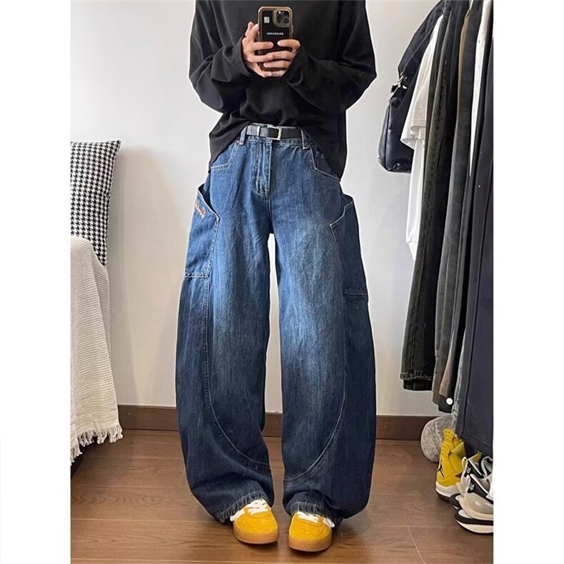 美式复古大口袋弯刀牛仔裤女设计感宽松拖地阔腿裤子K10070-p55,男装牛仔裤,星座1008