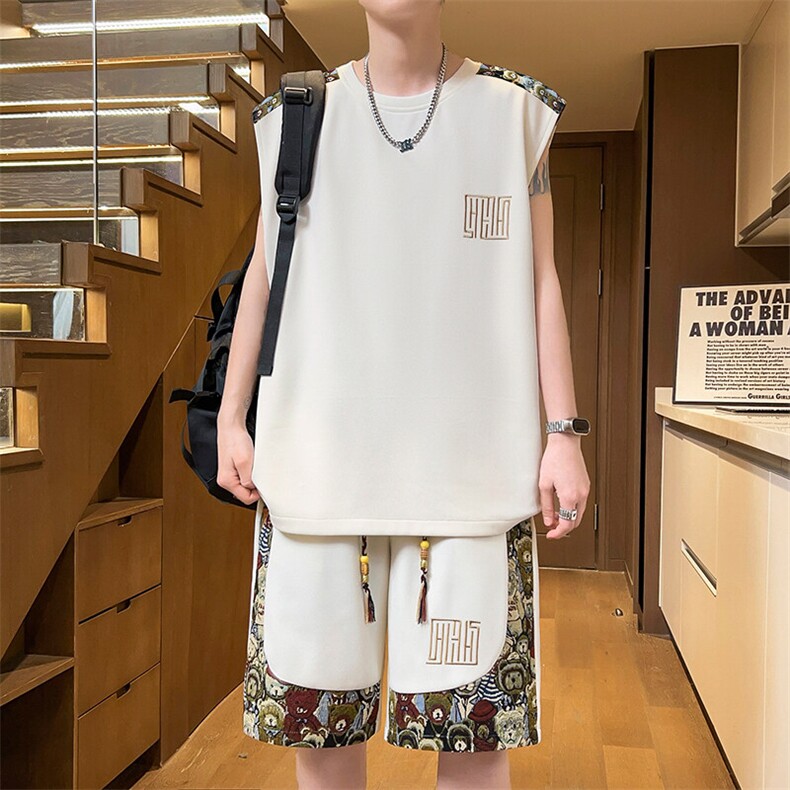 夏季两件套刺绣拼接休闲运动套装男宽松背心短裤A266-TZ2208-P46图片