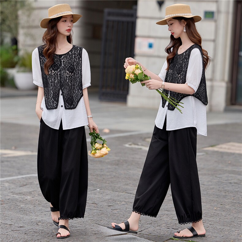 【夏季女装新款】2026大量现货时尚洋气假两件上衣+裤子两件套裤，女装套装/套裙，缘衣格