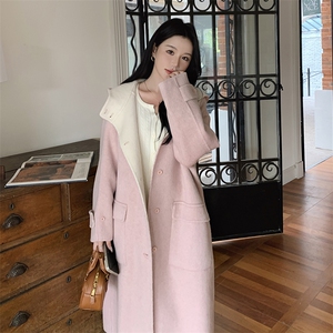 韩系甜美连帽双面羊毛大衣女2025秋冬季新款显瘦保暖长款呢子外套图片