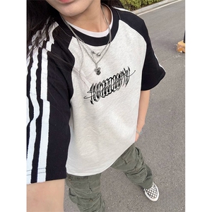抖音得物品质二开240克宽松纯棉美式潮牌插肩三杠织带短袖T恤图片