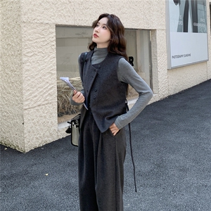 灰色韩系毛呢马甲阔腿裤打底衫三件套女秋冬2025新款chic气质套装图片