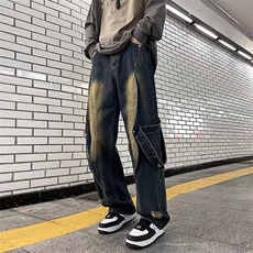 网红美式高街Vibe复古重工做旧牛仔裤男拼接设计直筒阔腿长裤P57，男装牛仔裤，四季星座218-1