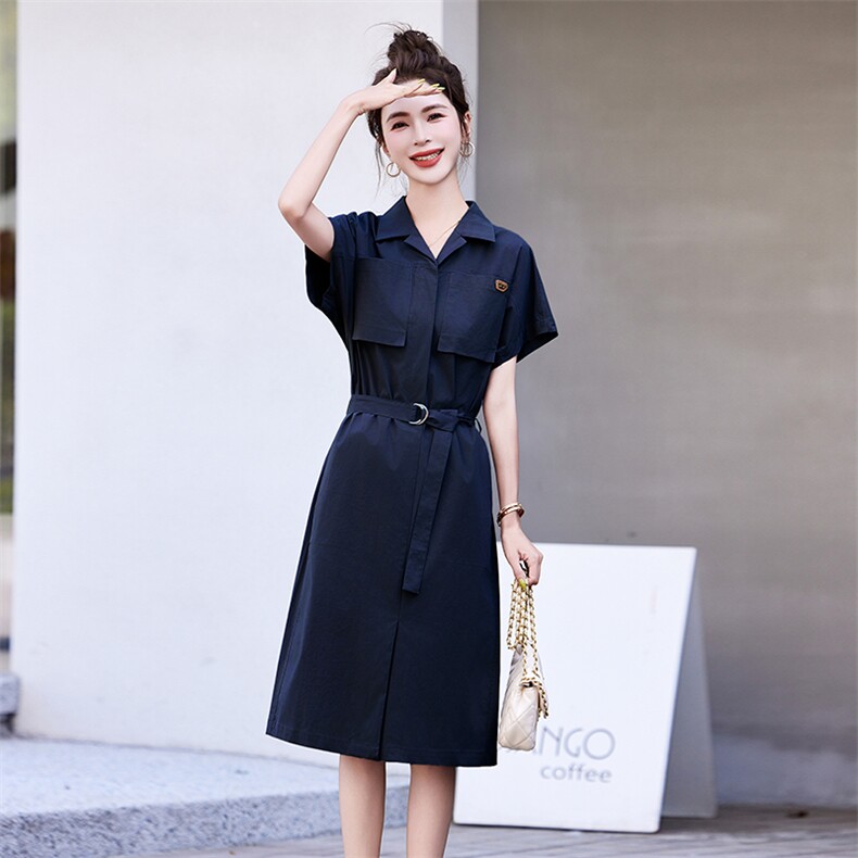 FILA斐乐女子连衣裙夏季衬衫领优雅宽松收腰连身裙,女装连衣裙,丽影随形