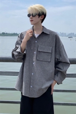 衬衫男秋季新款港风宽松大码立体口袋纯棉条纹长袖衬衣CS3099-P42，男装衬衫，星座214-3