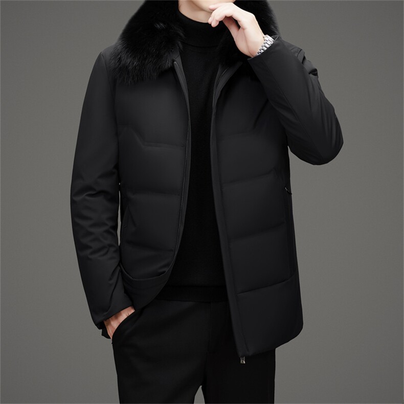 鹅绒兔毛内胆派克服男士大毛领皮草外套中老年脱卸狐狸毛领羽绒服，男装羽绒服，钱塘723