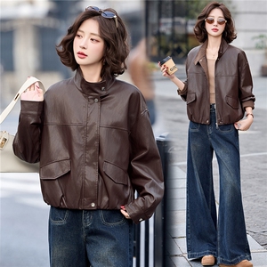已出货春装新品 格纹拼接皮衣外套女短款时尚休闲显瘦机车服长袖图片