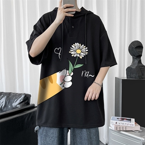 LD54265-P45 连帽短袖t恤男大码胖子带帽五分袖中袖图片