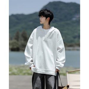 8XL-M叠穿假两件卫衣重磅连帽V领拼接套头衫宽松大码外套WY006P65图片