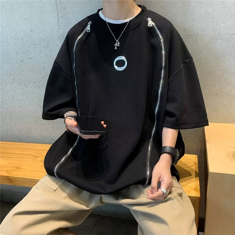 小众拉链设计感短袖t恤男女夏季宽松圆领半袖高级金属上衣~TX020,男装T恤,星座601-1
