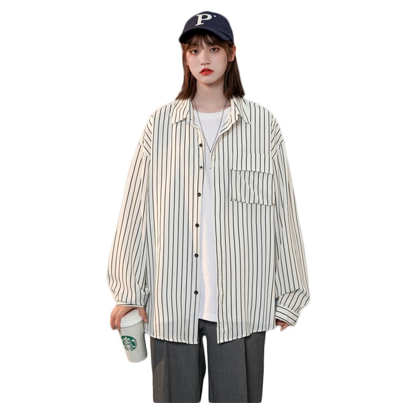 C3082/P40秋装中性风条纹长袖衬衣男多口袋工装大码衬衫上衣控58，女装衬衫，电商A141