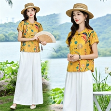 现货！夏季套装2026新款松弛感新中式盘扣上衣服女两件套端庄大气，女装套装/套裙，衣之秀