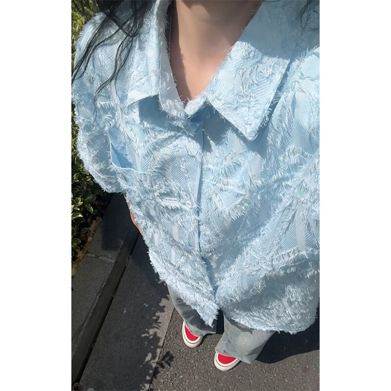 特批P35无差价夏季街头嘻哈毛边肌理感男宽松休闲短袖衬衫CD5499,男装T恤,电商A001