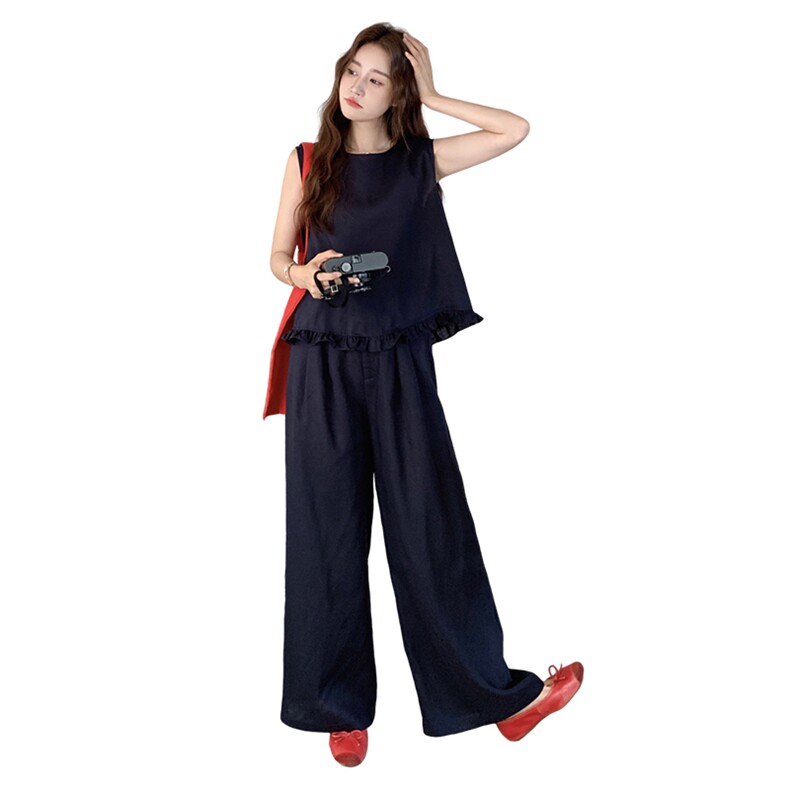 深蓝色慵懒风时尚套装女2025夏新款韩系花边圆领背心阔腿裤两件套,女装套装/套裙,2C085