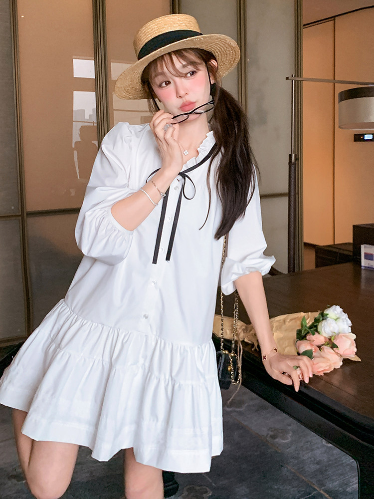 学院风甜美少女白色中袖连衣裙女2025春夏秋超火巨好看减龄小短裙,女装连衣裙,浙宝276（原081）