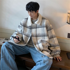毛呢羊羔绒外套秋冬格子加绒加厚棉服美式高街外套A170-M809-P128，男装棉衣，电商A170