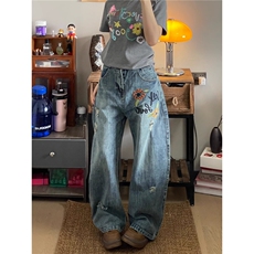 MrBense美式复古花卉刺绣弯刀牛仔裤女破洞设计感直筒裤小众裤子，男装牛仔裤，星座1210-1