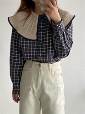大翻领格子衬衫，女装衬衫，土布鱼