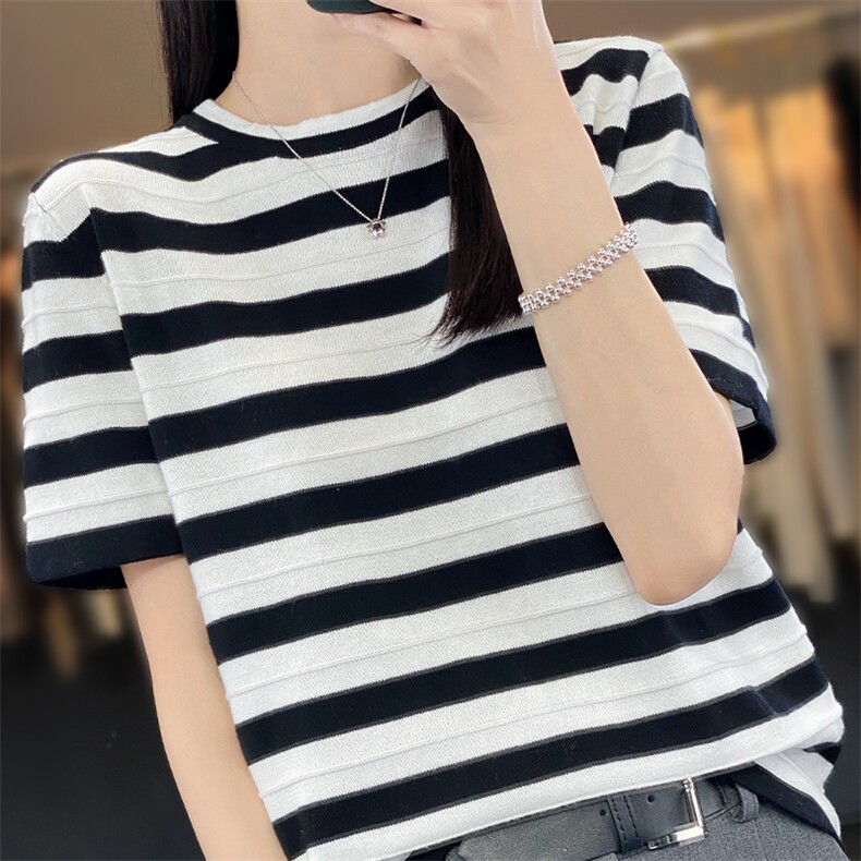 撞色条纹100%纯棉T恤女薄款圆领短袖夏季新款宽松慵懒风半袖打底,针织衫/毛衣,郡淞羊绒