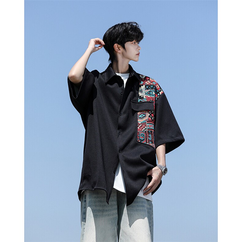 8XL-M民族风拼接短袖衬衫男夏季痞帅半袖衬衣薄款外套DC28009P45,男装衬衫,电商B312