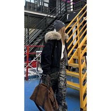 现货重磅boxy短款棉衣座山雕大毛毛领男女棉服水洗工装厚外套，男装棉衣，电商A486