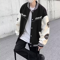 棒球领宽松字母印花毛呢拼皮黑绿咖啡M-3XLJ676，男装夹克，星座1116A-1（原606A）