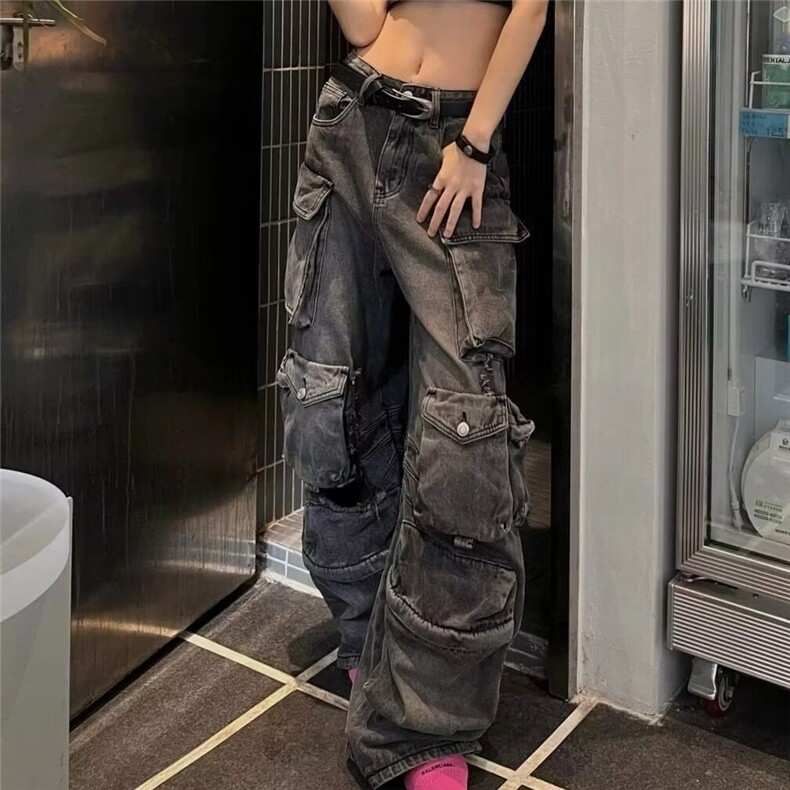 大码街头vibe美式复古多口袋牛仔裤男女设计感y2k低腰坠感拖地裤图片