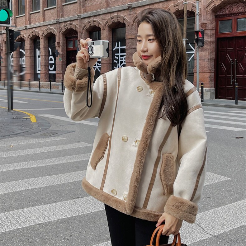 米白色皮衣一体羊羔毛外套女冬2024新款加绒加厚美式机车棉服夹克,女装毛呢外套,帛香坊